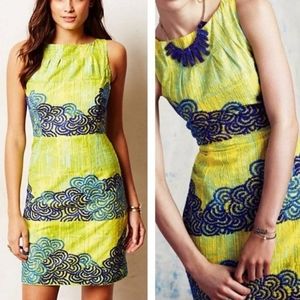 Anthropologie Tabitha Azure Scroll Sheath Cocktail Dress 10P